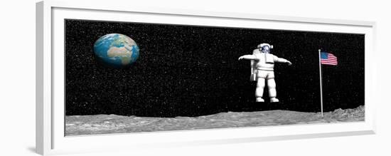 First Astronaut on the Moon Floating Next to American Flag-null-Framed Premium Giclee Print