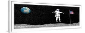 First Astronaut on the Moon Floating Next to American Flag-null-Framed Premium Giclee Print