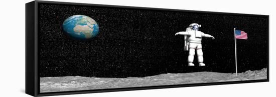 First Astronaut on the Moon Floating Next to American Flag-null-Framed Stretched Canvas