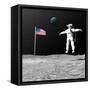 First Astronaut on the Moon Floating Next to American Flag-null-Framed Stretched Canvas