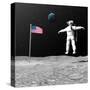 First Astronaut on the Moon Floating Next to American Flag-null-Stretched Canvas