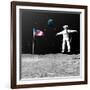 First Astronaut on the Moon Floating Next to American Flag-null-Framed Art Print