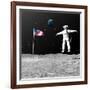 First Astronaut on the Moon Floating Next to American Flag-null-Framed Art Print