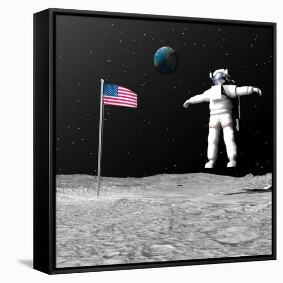 First Astronaut on the Moon Floating Next to American Flag-null-Framed Stretched Canvas