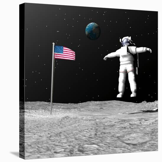 First Astronaut on the Moon Floating Next to American Flag-null-Stretched Canvas