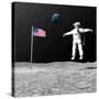 First Astronaut on the Moon Floating Next to American Flag-null-Stretched Canvas