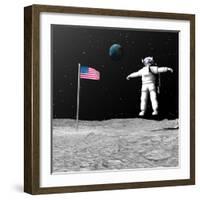 First Astronaut on the Moon Floating Next to American Flag-null-Framed Art Print