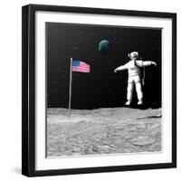 First Astronaut on the Moon Floating Next to American Flag-null-Framed Art Print