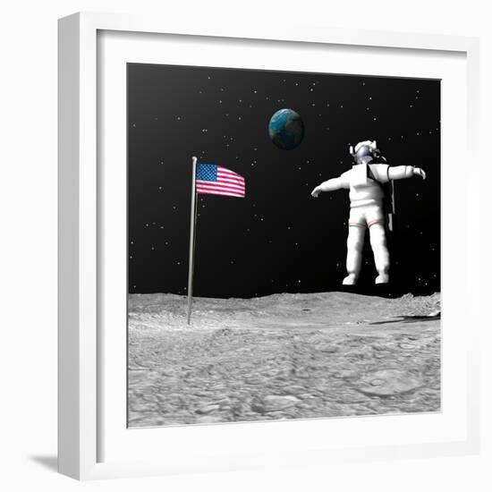 First Astronaut on the Moon Floating Next to American Flag-null-Framed Art Print