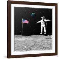 First Astronaut on the Moon Floating Next to American Flag-null-Framed Art Print