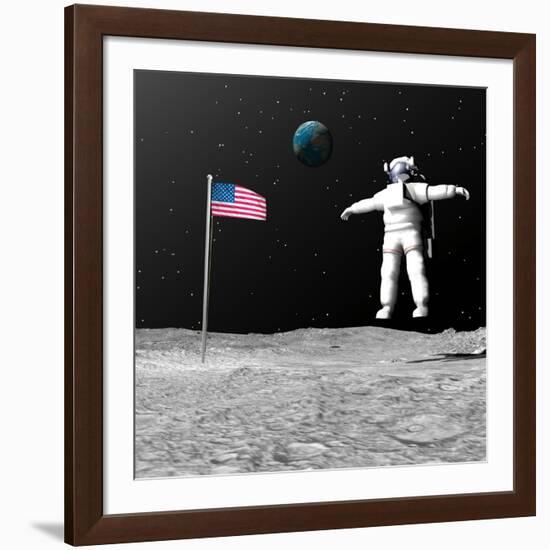 First Astronaut on the Moon Floating Next to American Flag-null-Framed Art Print