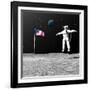 First Astronaut on the Moon Floating Next to American Flag-null-Framed Art Print