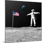 First Astronaut on the Moon Floating Next to American Flag-null-Mounted Art Print