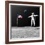 First Astronaut on the Moon Floating Next to American Flag-null-Framed Art Print