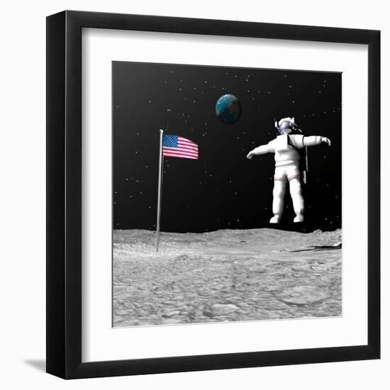 First Astronaut on the Moon Floating Next to American Flag-null-Framed Art Print