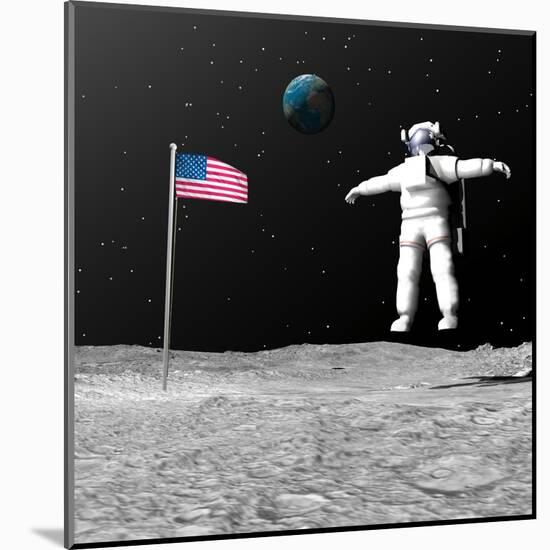 First Astronaut on the Moon Floating Next to American Flag-null-Mounted Art Print