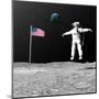 First Astronaut on the Moon Floating Next to American Flag-null-Mounted Art Print