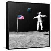 First Astronaut on the Moon Floating Next to American Flag-null-Framed Stretched Canvas