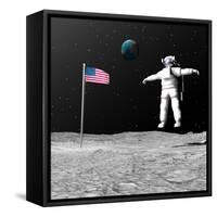 First Astronaut on the Moon Floating Next to American Flag-null-Framed Stretched Canvas