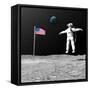 First Astronaut on the Moon Floating Next to American Flag-null-Framed Stretched Canvas