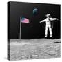 First Astronaut on the Moon Floating Next to American Flag-null-Stretched Canvas