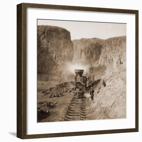 First Construction Train passing the Palisades, Ten Mile Cañon, Nevada, 1866-1869-Alfred A^ Hart-Framed Art Print