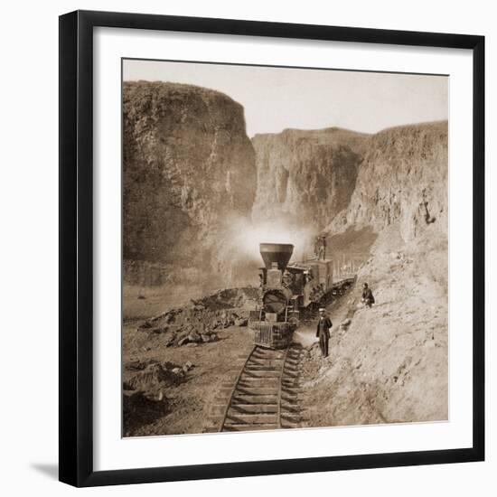 First Construction Train passing the Palisades, Ten Mile Cañon, Nevada, 1866-1869-Alfred A^ Hart-Framed Art Print