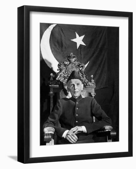 First Gov. Gen. of Independent Pakistan Mohammed Ali Jinnah Sitting in Front of Pakistani Flag-Margaret Bourke-White-Framed Photographic Print