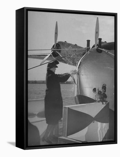 First Lady Eleanor Roosevelt on the Hull of Pan American's New Flying Boat the "Yankee Clipper"-Thomas D^ Mcavoy-Framed Stretched Canvas