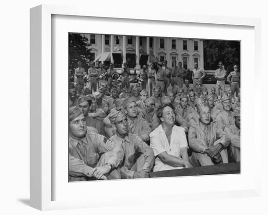 First Lady Eleanor Roosevelt, Singing with a Large Group of US Soldiers-null-Framed Photographic Print