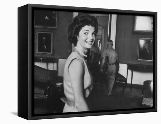 First Lady Jackie Kennedy Supervising Workman in Room at the White House-Ed Clark-Framed Stretched Canvas