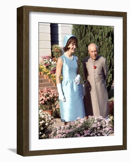 First Lady Jackie Kennedy with Indian Prime Minister Jawaharlal Nehru in Garden of His Residence-Art Rickerby-Framed Photographic Print