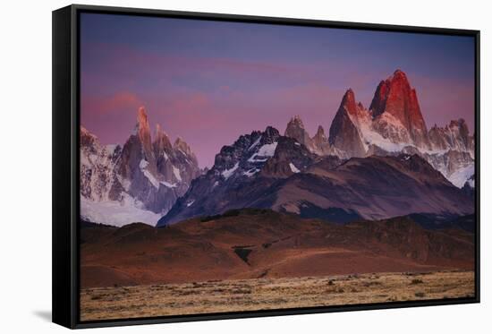 First Light Hits Cerro Torre and Mount Fitz Roy in Los Glacieres National Park, Argentina-Jay Goodrich-Framed Stretched Canvas