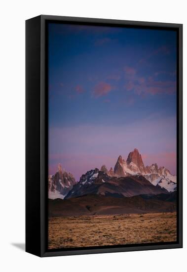 First Light Hits Cerro Torre and Mount Fitz Roy in Los Glacieres National Park, Argentina-Jay Goodrich-Framed Stretched Canvas