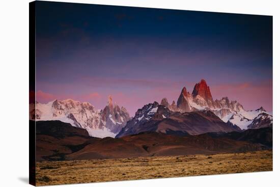 First Light Hits Cerro Torre And Mount Fitz Roy In Los Glacieres National Park, Argentina-Jay Goodrich-Stretched Canvas