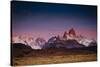 First Light Hits Cerro Torre And Mount Fitz Roy In Los Glacieres National Park, Argentina-Jay Goodrich-Stretched Canvas