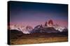 First Light Hits Cerro Torre And Mount Fitz Roy In Los Glacieres National Park, Argentina-Jay Goodrich-Stretched Canvas