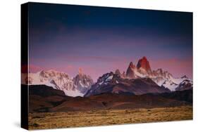 First Light Hits Cerro Torre And Mount Fitz Roy In Los Glacieres National Park, Argentina-Jay Goodrich-Stretched Canvas