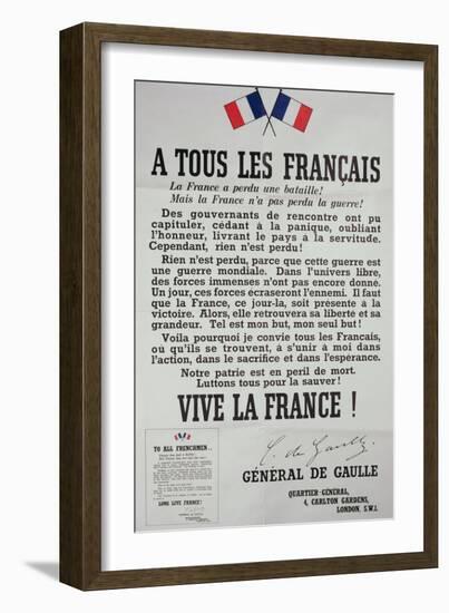 First Poster for the 18th June 1940 Address by General Charles De Gaulle-null-Framed Giclee Print