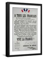 First Poster for the 18th June 1940 Address by General Charles De Gaulle-null-Framed Giclee Print