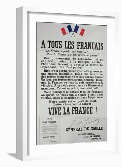 First Poster for the 18th June 1940 Address by General Charles De Gaulle-null-Framed Giclee Print