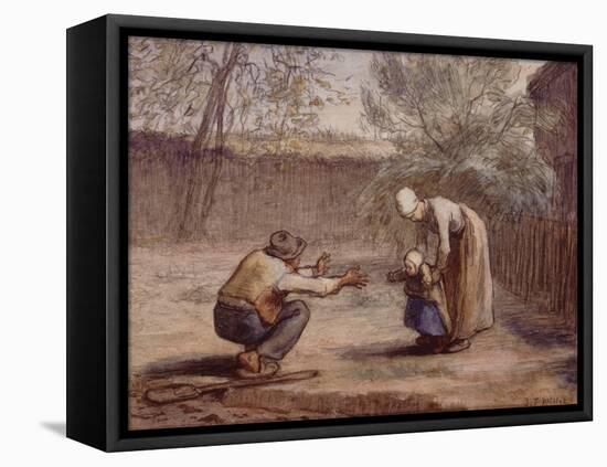First Steps chalk and watercolor-Jean-Francois Millet-Framed Stretched Canvas