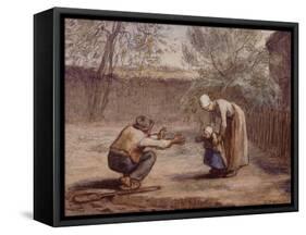 First Steps chalk and watercolor-Jean-Francois Millet-Framed Stretched Canvas