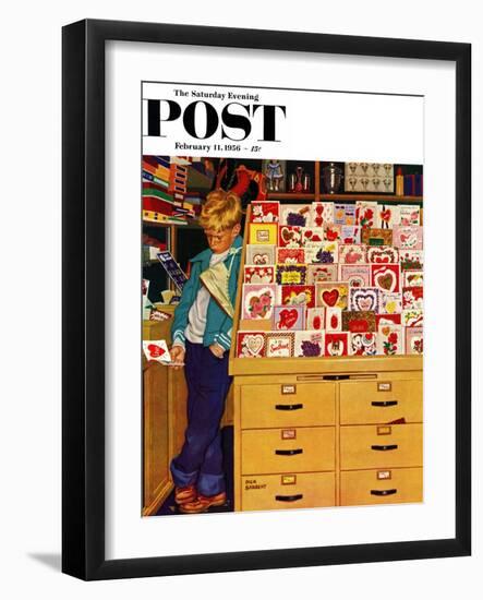 "First Valentine" Saturday Evening Post Cover, February 11, 1956-Richard Sargent-Framed Premium Giclee Print