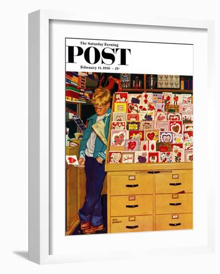 "First Valentine" Saturday Evening Post Cover, February 11, 1956-Richard Sargent-Framed Premium Giclee Print