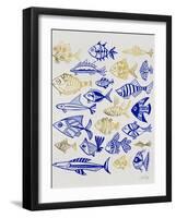 Fish Inklings in Navy and Gold Ink-Cat Coquillette-Framed Art Print