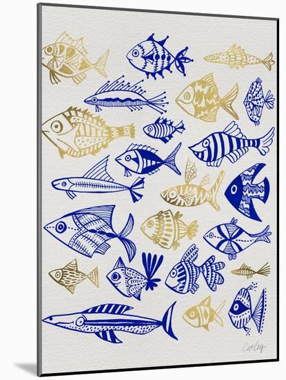 Fish Inklings in Navy and Gold Ink-Cat Coquillette-Mounted Art Print