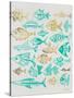 Fish Inklings in Turquoise and Gold Ink-Cat Coquillette-Stretched Canvas