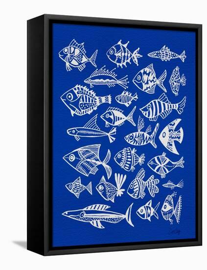 Fish Inklings on Navy-Cat Coquillette-Framed Stretched Canvas