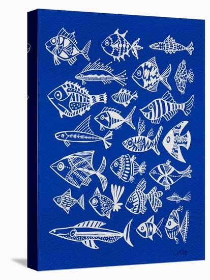 Fish Inklings on Navy-Cat Coquillette-Stretched Canvas